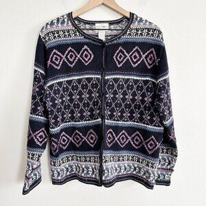 Vtg Christopher Banks Sweater Womens L Blue Fair Isle Hand Embroidered Cardigan